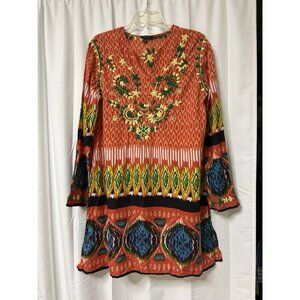 J Peterman Colorful Embroidered Boho V Neck Dress Size L Beach Gypsy Artsy